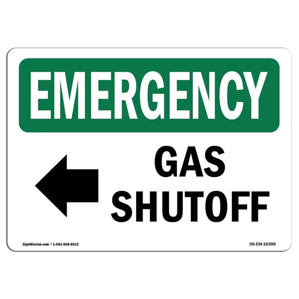Safety Sign, OSHA EMERGENCY, 7" Height, Aluminum, Gas Shutoff (Left Arrow), Landscape